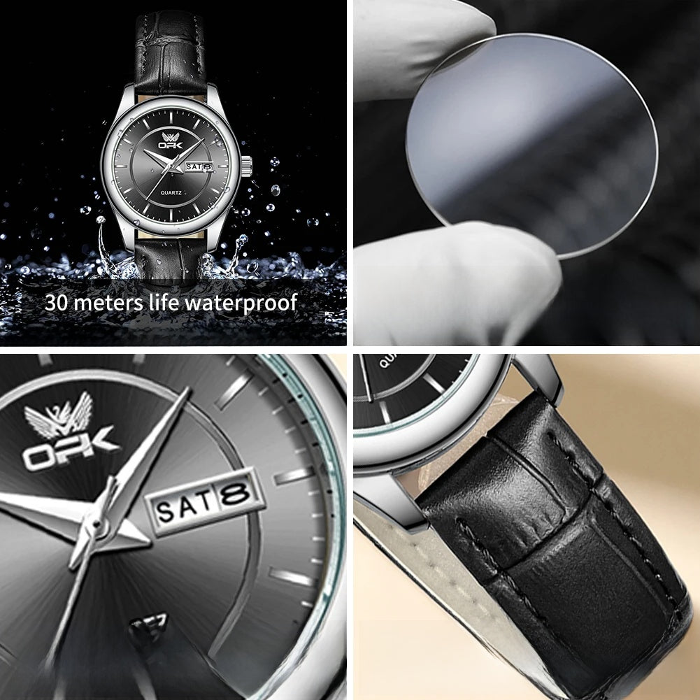 Women's Leather Strap Quartz Watch Silver Case Dual Day