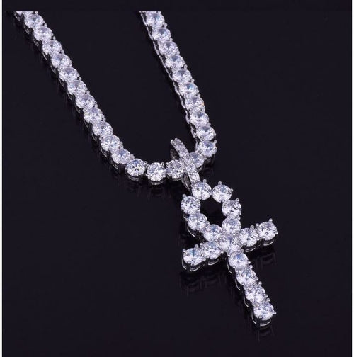 3mm Tennis Chain With Pavé Ankh Pendant Iced Layered Gold