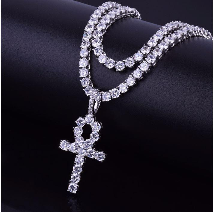 3mm Tennis Chain With Pavé Ankh Pendant Iced Layered Gold