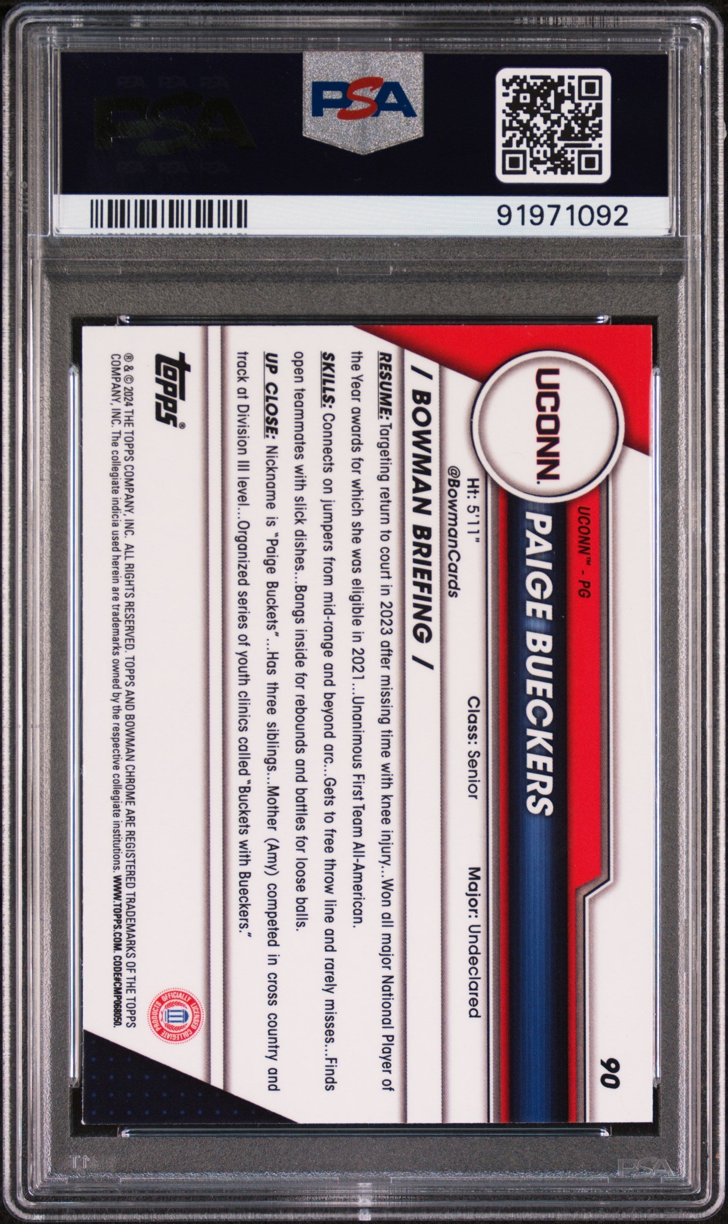 Graded 2023 Topps Bowman U Chrome Paige Bueckers #90 Rookie RC Basketball Card PSA 9 Mint