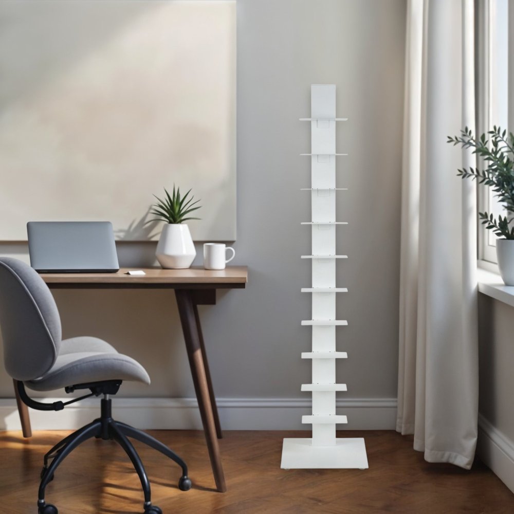 60" White Metal Ten Shelf Modern Tower Bookcase
