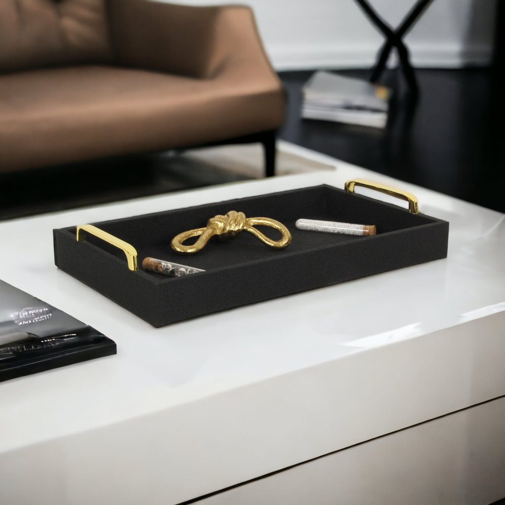 16" Black Wood And Linen Serving Tray With Handles