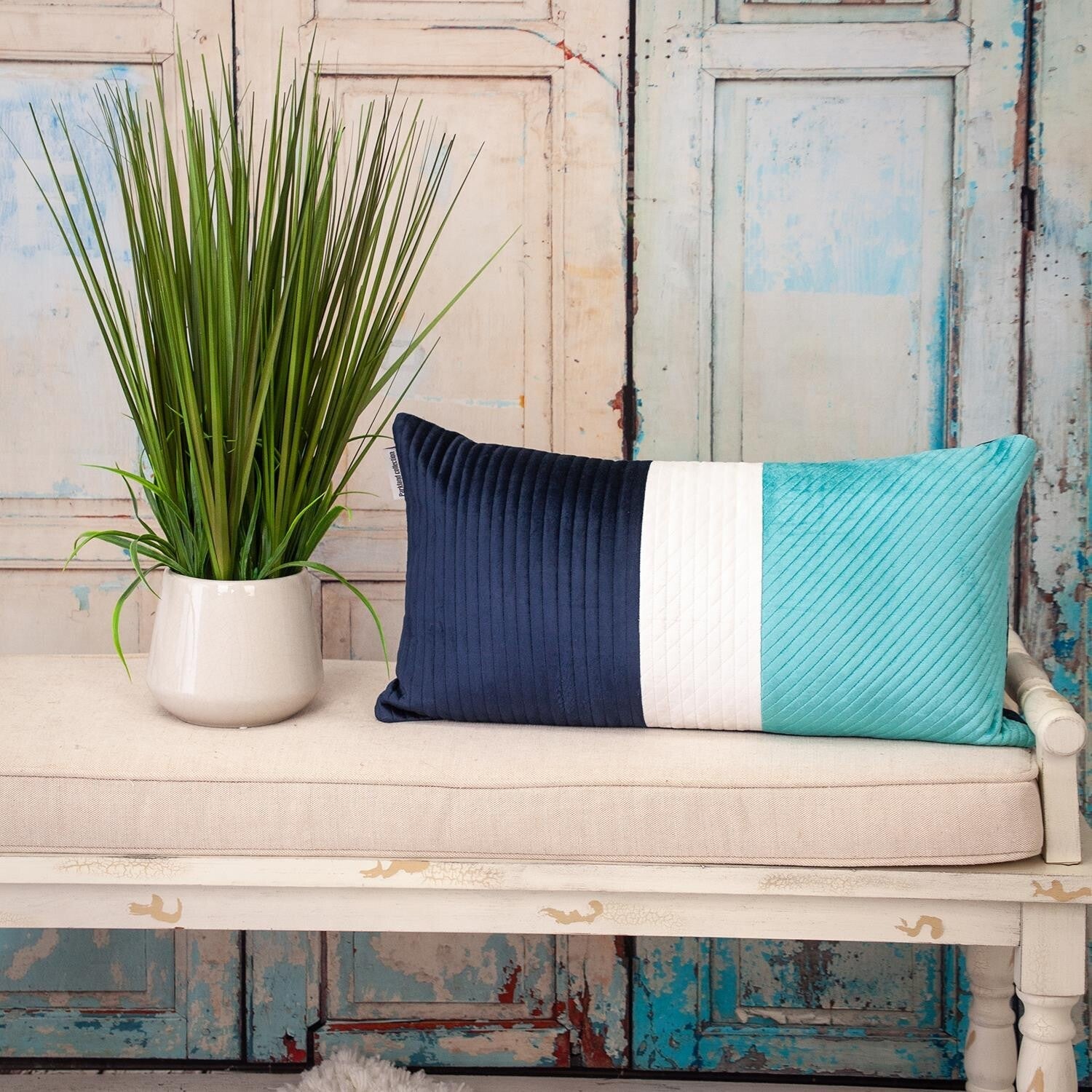 12" X 24" Navy Blue Striped Velvet Throw Pillow
