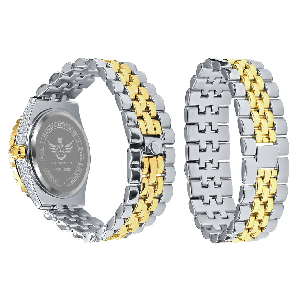 40mm Two Tone CZ Pave Dial Watch And Bracelet Set For Women