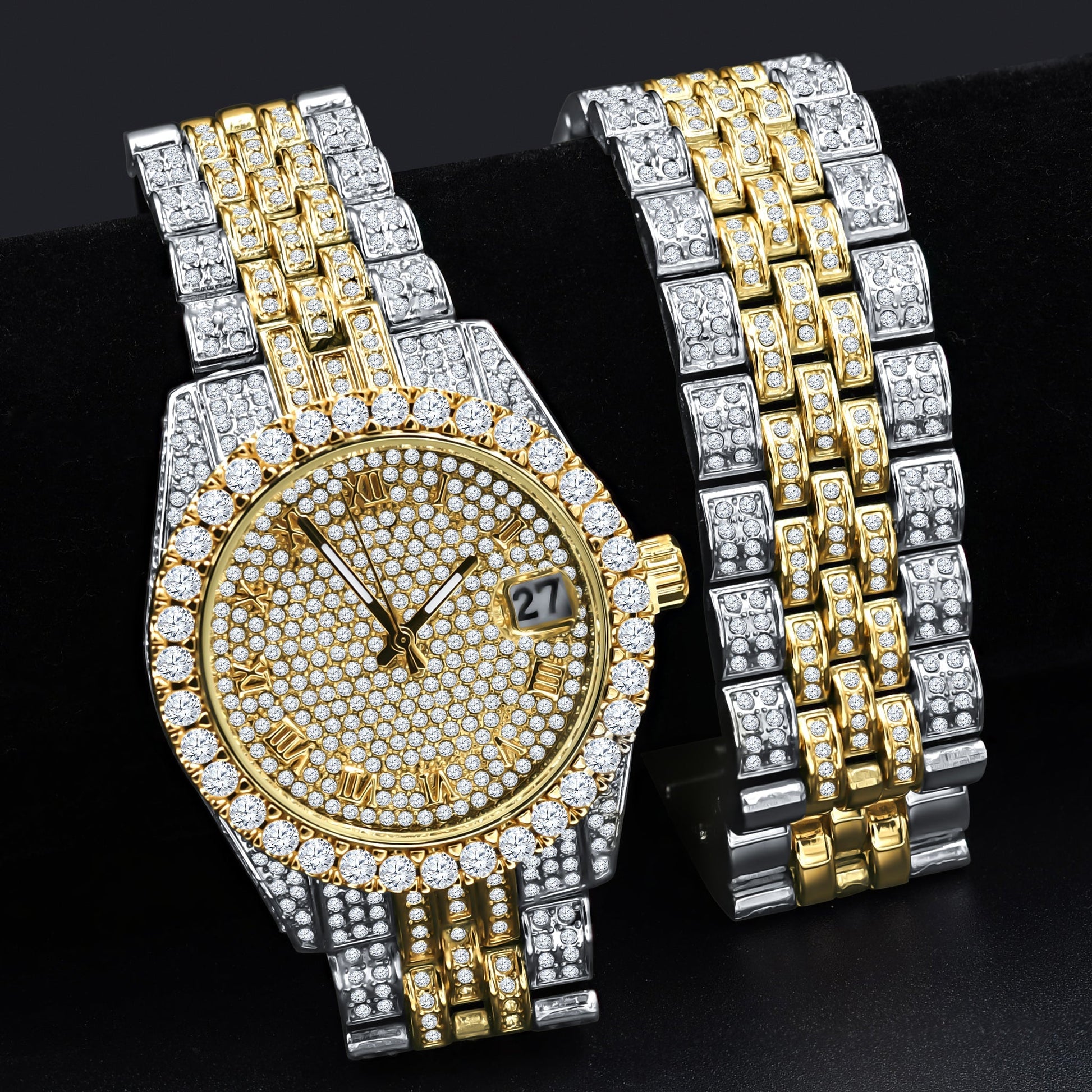 40mm Two Tone CZ Pave Dial Watch And Bracelet Set For Women