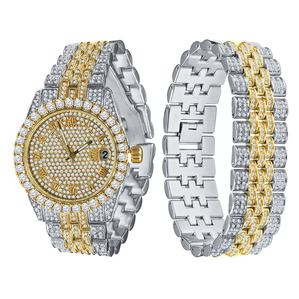 40mm Two Tone CZ Pave Dial Watch And Bracelet Set For Women