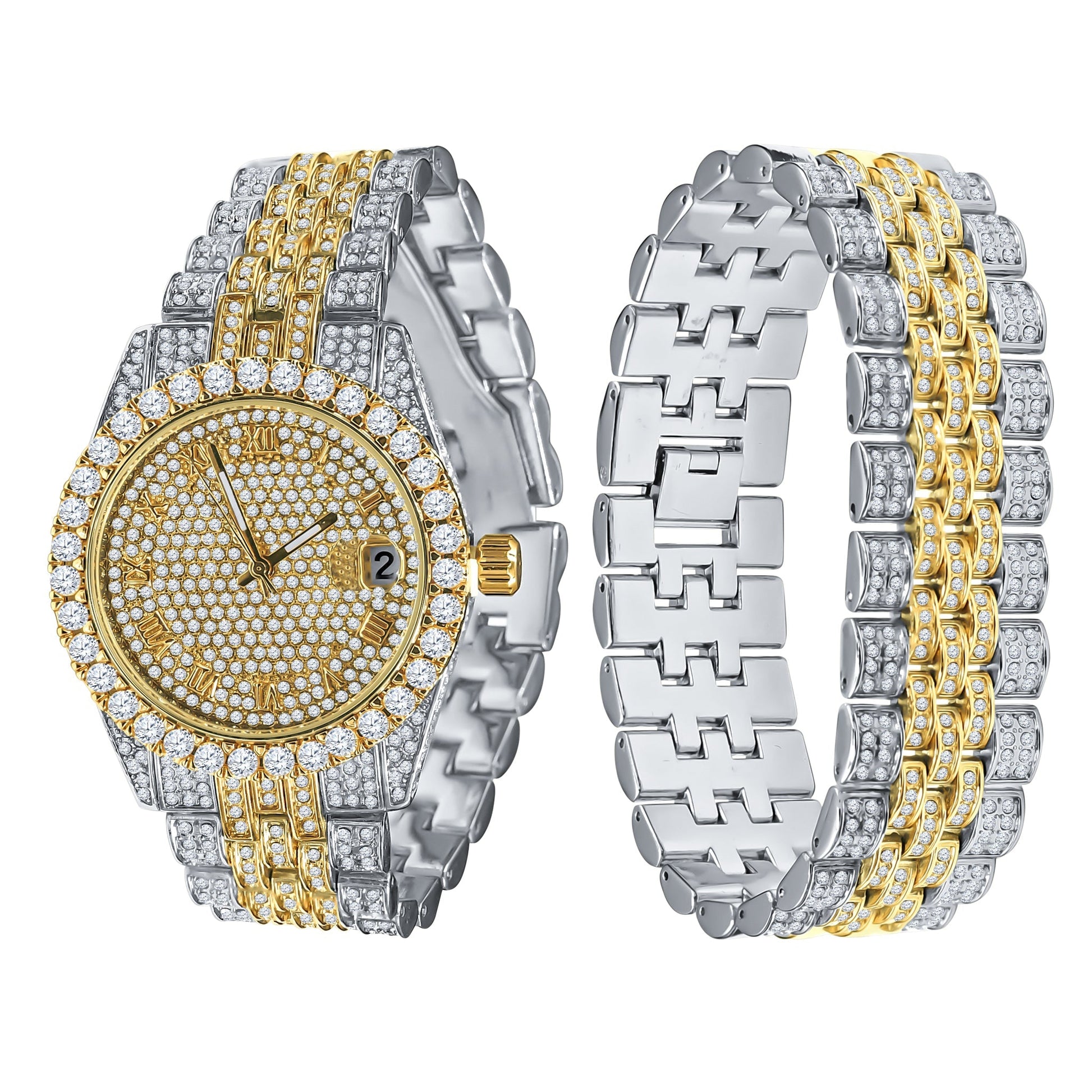 40mm Two Tone CZ Pave Dial Watch And Bracelet Set For Women