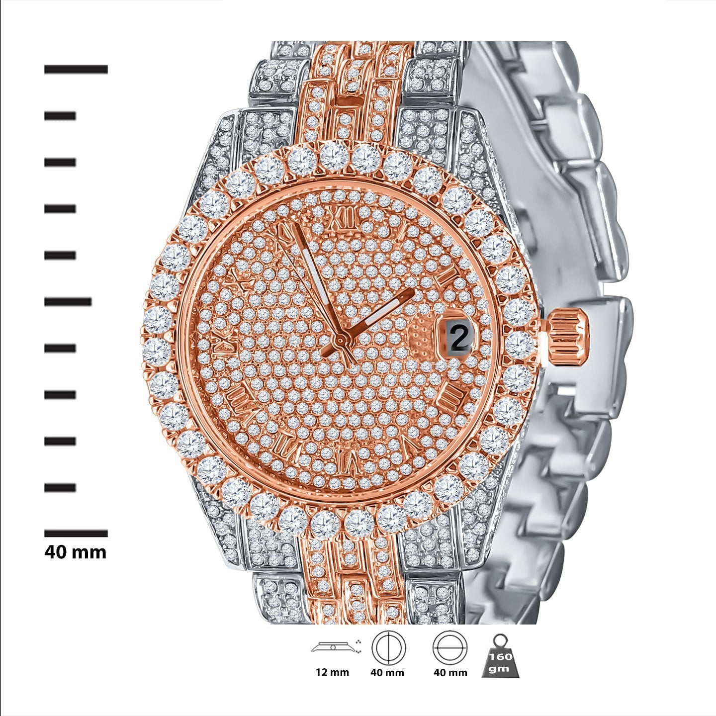 40mm Two Tone Rose Gold Silver Pave CZ Watch Bracelet Set