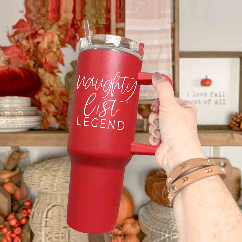 40oz Insulated Christmas Tumbler Red Mug With Handle Lid Straw Naughty Legend