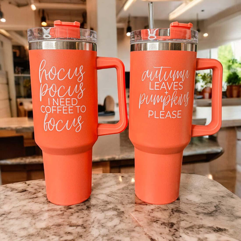 40oz Orange Insulated Tumbler Autumn Leaves Pumpkin Travel Cup Double Wall