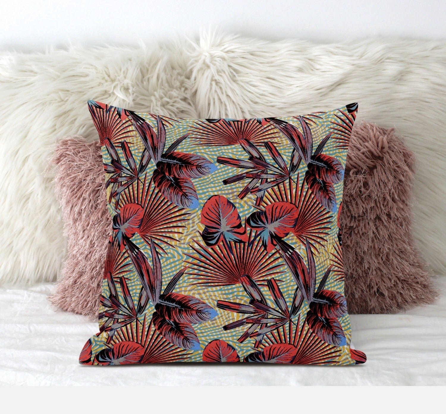 20" Red Yellow Tropical Suede Throw Pillow