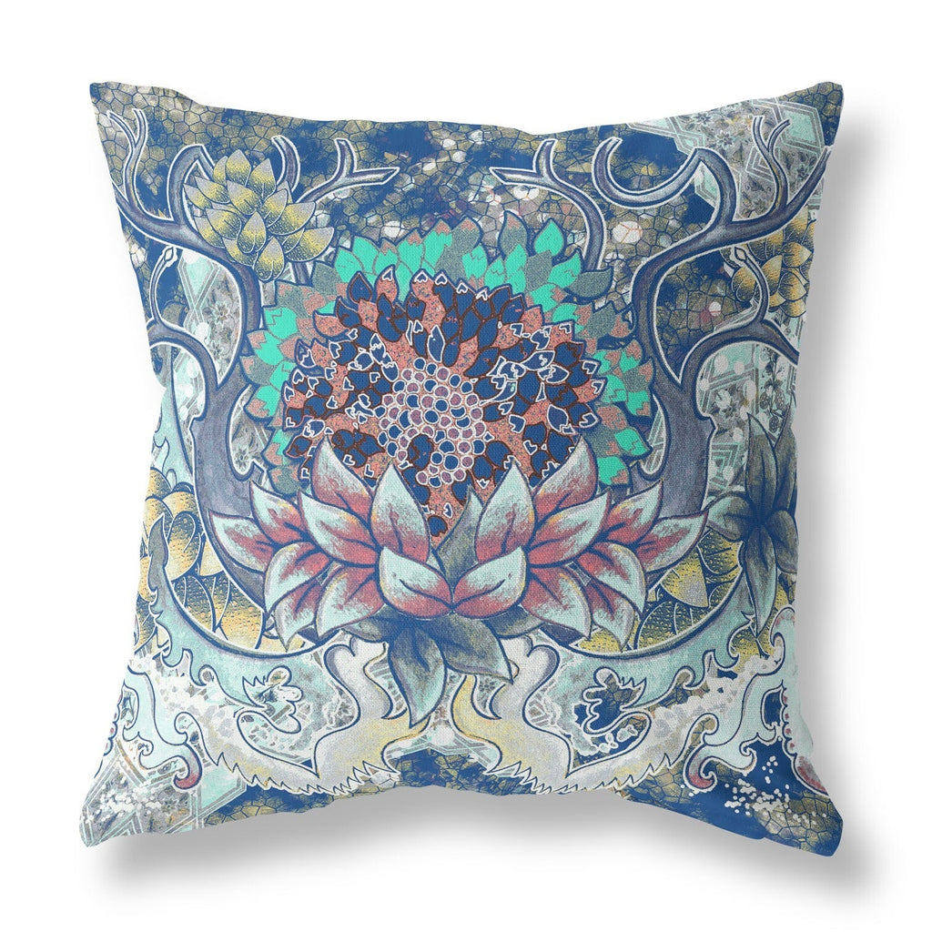 20" Blue Aqua Flower Bloom Suede Throw Pillow