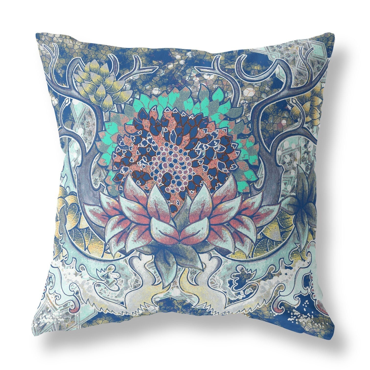 20" Blue Aqua Flower Bloom Suede Throw Pillow