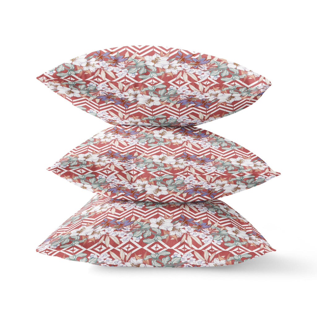 26" X 26" Red And White Blown Seam Floral Indoor Outdoor Throw Pillow
