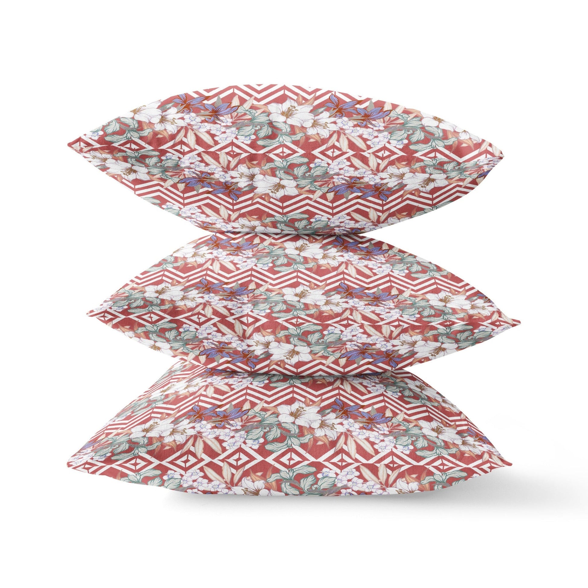 26" X 26" Red And White Blown Seam Floral Indoor Outdoor Throw Pillow