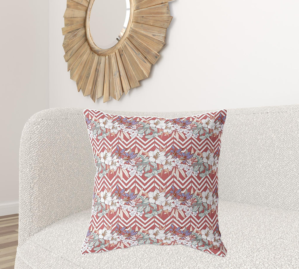 26" X 26" Red And White Blown Seam Floral Indoor Outdoor Throw Pillow