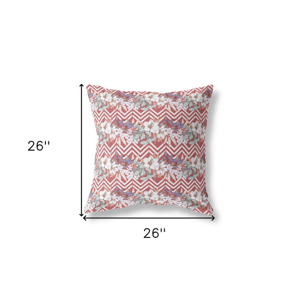 26" X 26" Red And White Blown Seam Floral Indoor Outdoor Throw Pillow