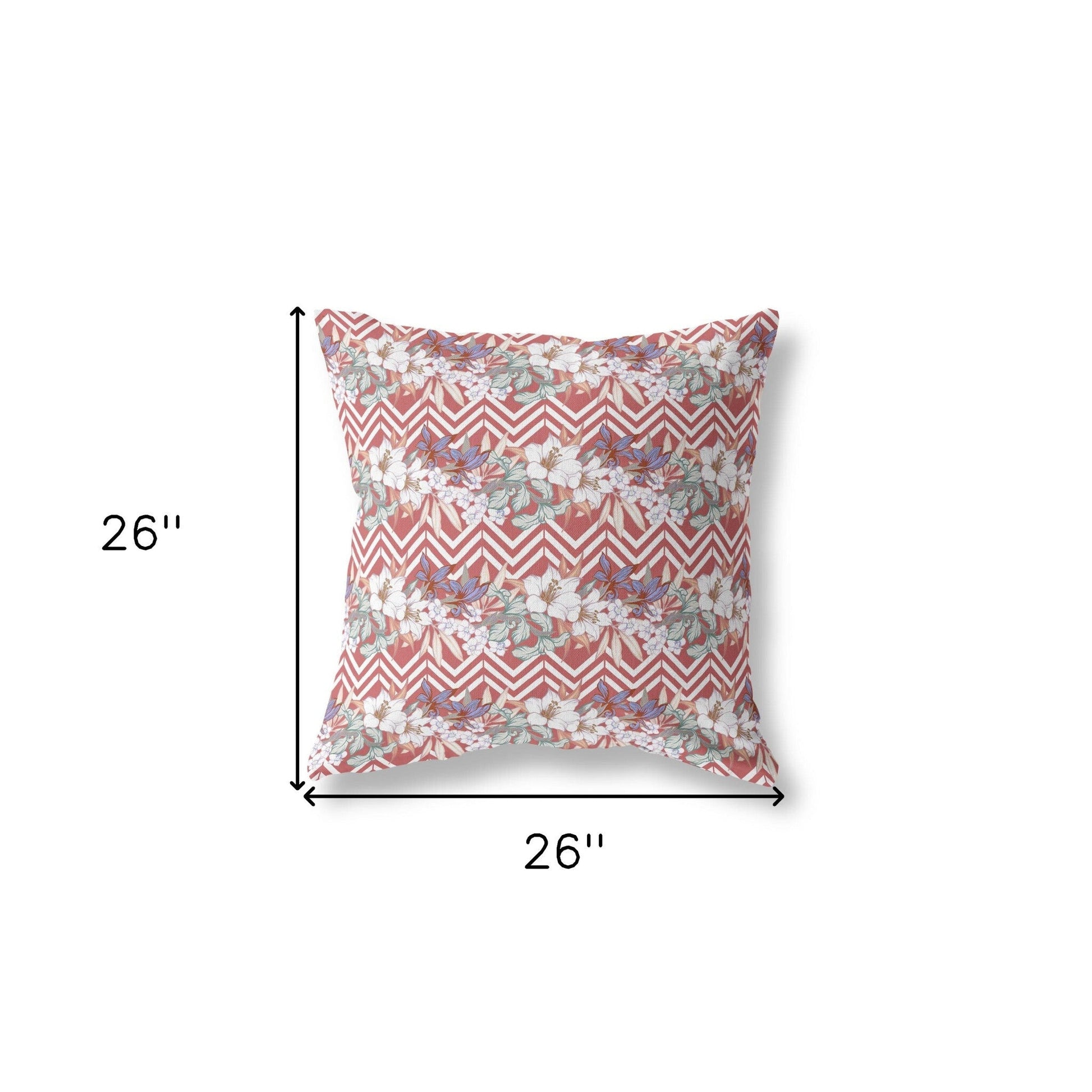 26" X 26" Red And White Blown Seam Floral Indoor Outdoor Throw Pillow