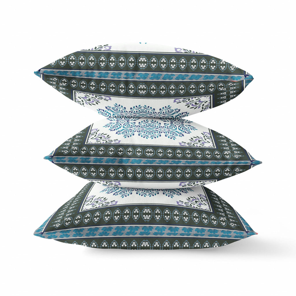 20" X 20" Black Ivory Blue Geometric Blown Seam Suede Throw Pillow