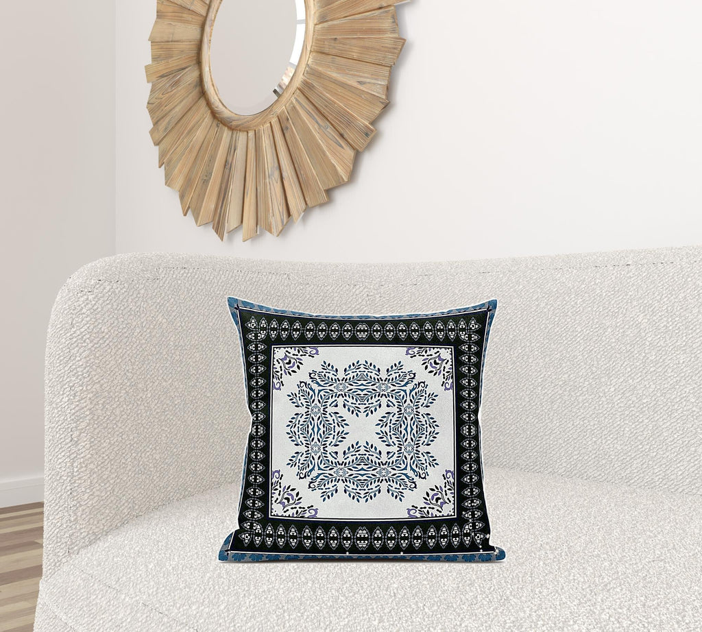 20" X 20" Black Ivory Blue Geometric Blown Seam Suede Throw Pillow