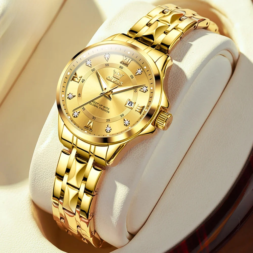 Women's Gold Stainless Steel Small Round Watch Date