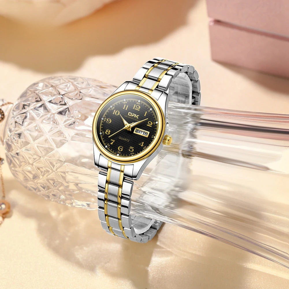 Women's Stainless Steel Blue Dial Watch Dual Calendar