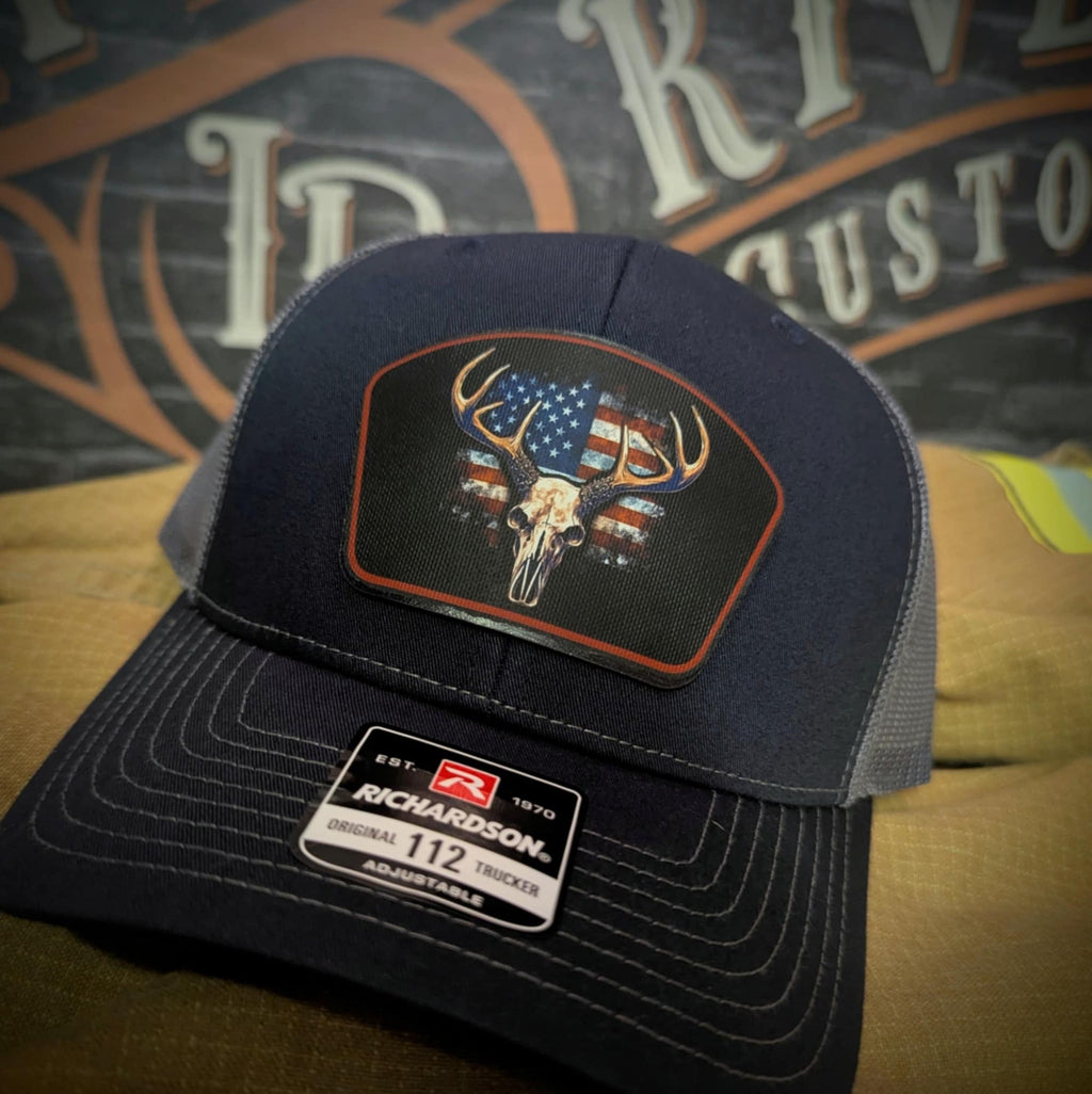 Patriotic Buck Leather Patch Hat Deer Skull and Flag