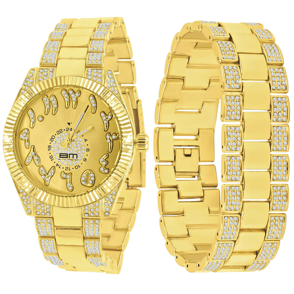 42MM CZ Crystal Gold Watch And Bracelet Set For Women