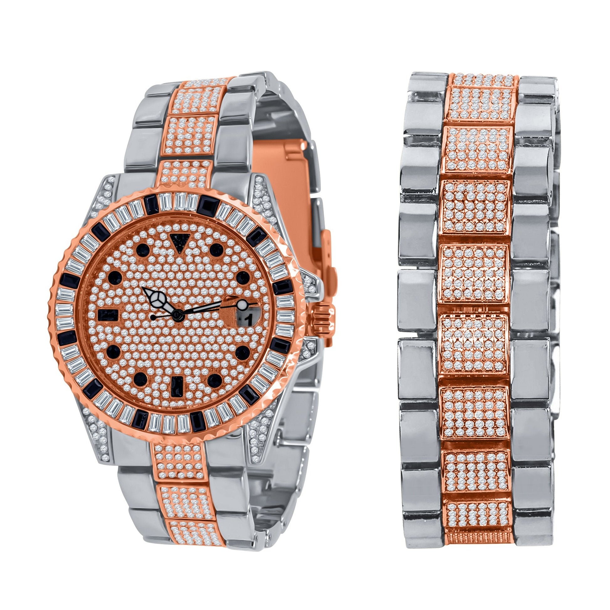 42mm CZ Pave Crystal Watch And Bracelet Set Rose Gold