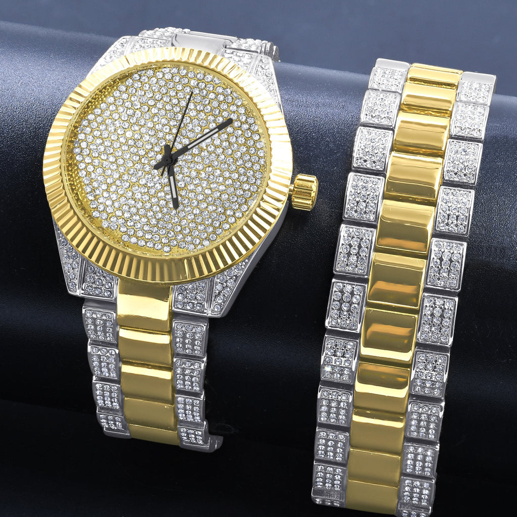 42mm CZ Stainless Steel Pave Watch With Metal Bracelet