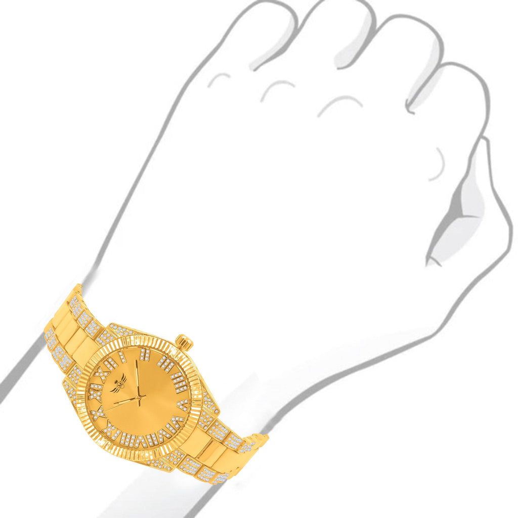 42mm Gold CZ Watch And Bracelet Set With Sparkle Luxury