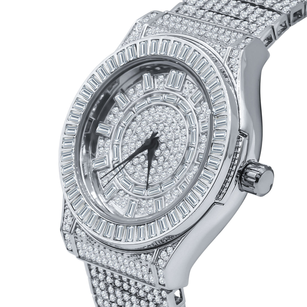 42mm Men's CZ Studded Silver Steel Bracelet Classic Watch