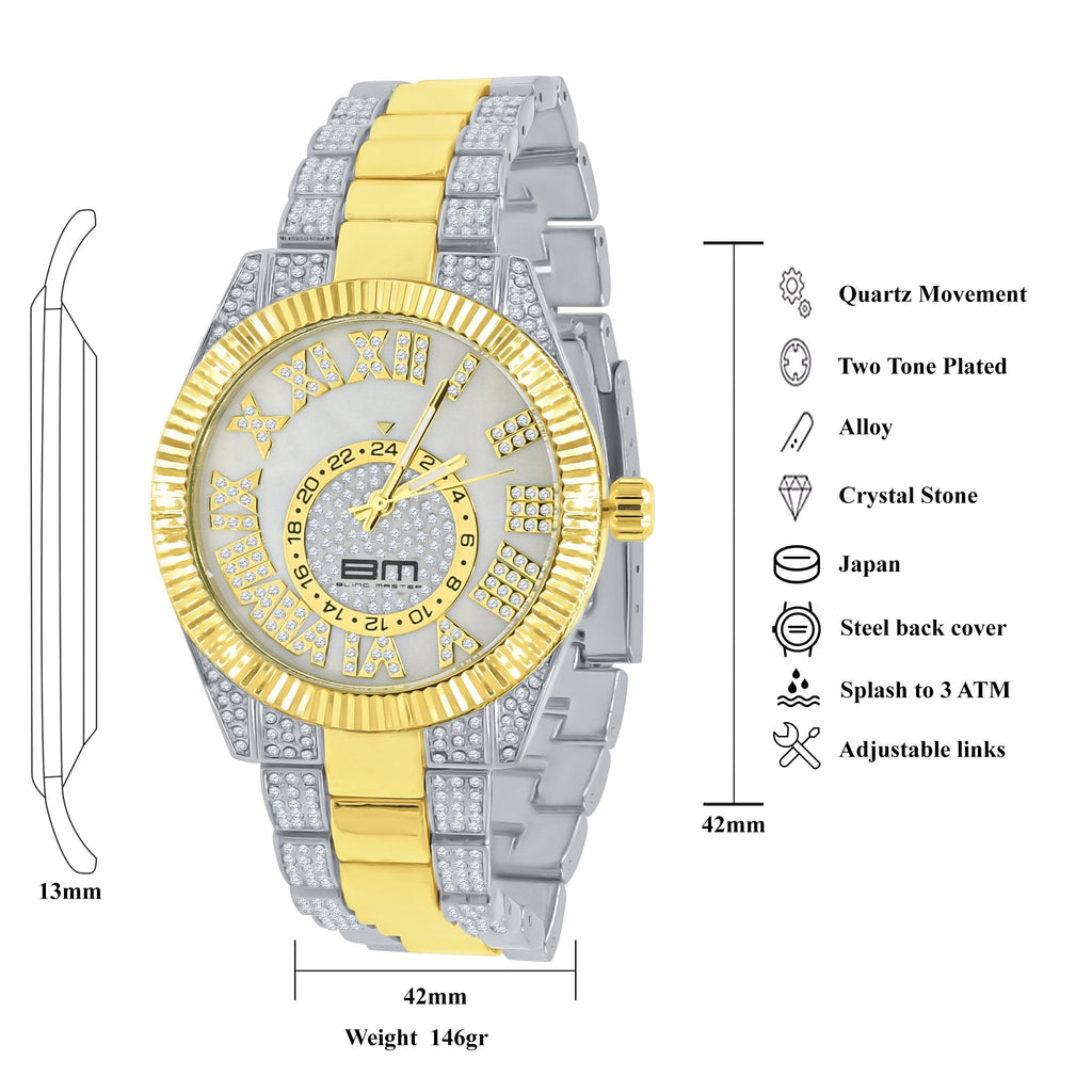 42mm Two Tone CZ Watch And Bracelet Set Luxury Dress