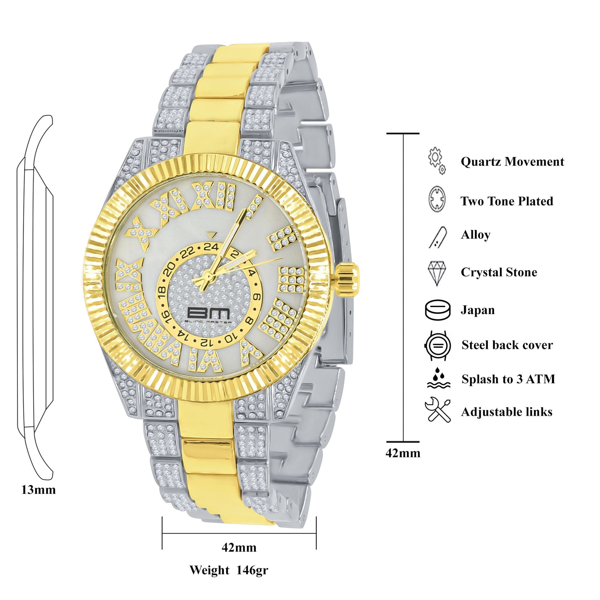 42mm Two Tone CZ Watch And Bracelet Set Luxury Dress