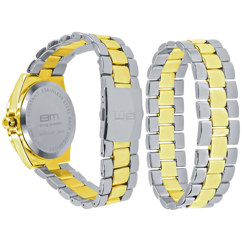 42mm Two Tone CZ Watch And Bracelet Set Luxury Dress