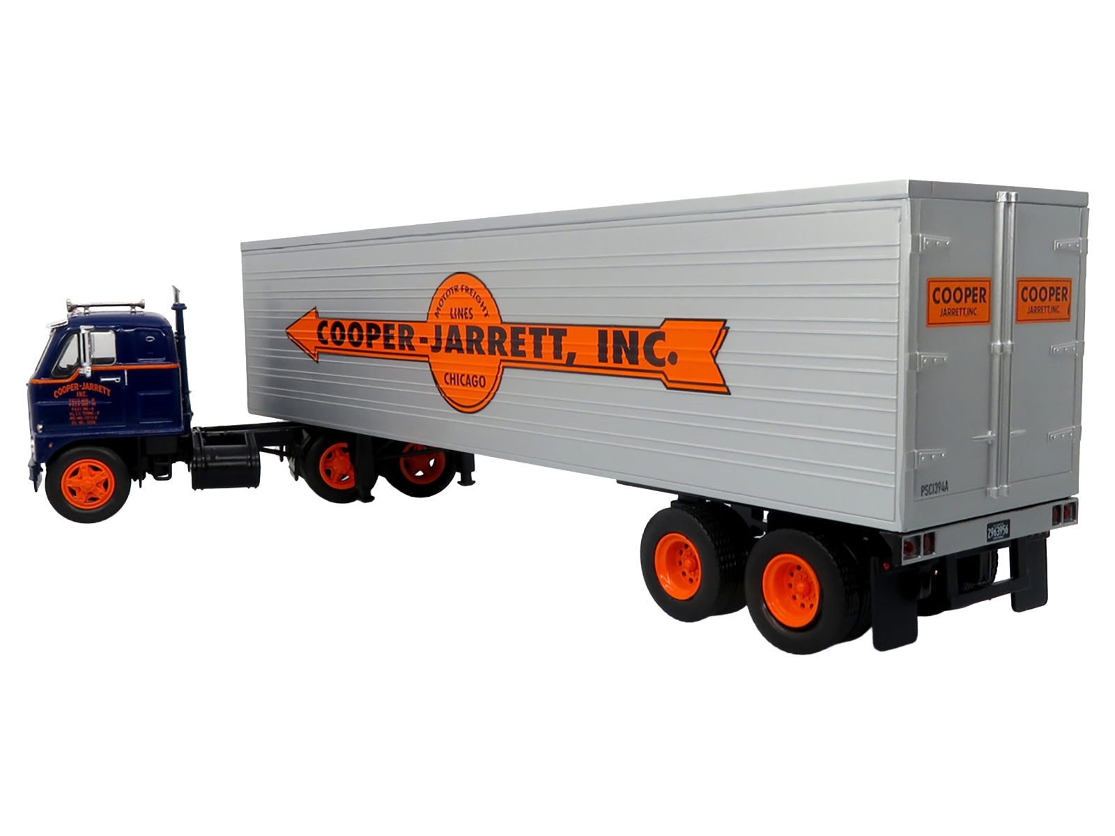 1959 International DCOF-405 Truck with Box Trailer "Cooper Jarrett Inc." Dark Blue with Orange Stripes "North American Vintage Truck Collection" 1/43 Diecast Model by Iconic Replicas