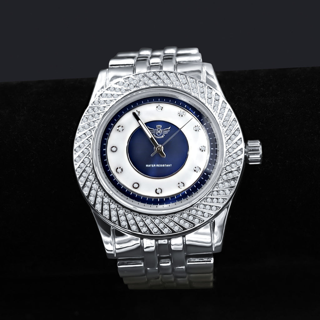 43mm CZ Alloy Iced Out Hip Hop Bling Watch Silver Mens