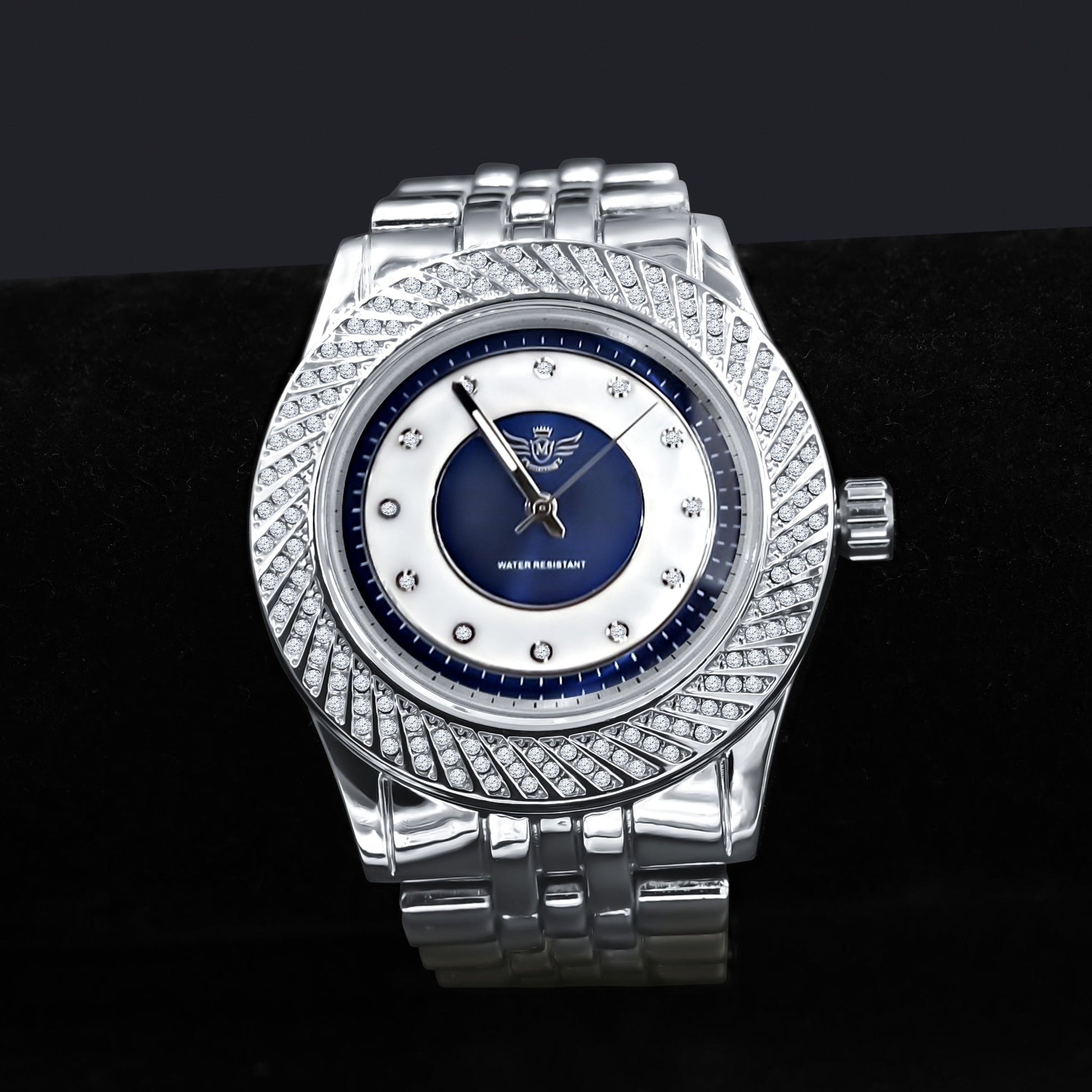 43mm CZ Alloy Iced Out Hip Hop Bling Watch Silver Mens