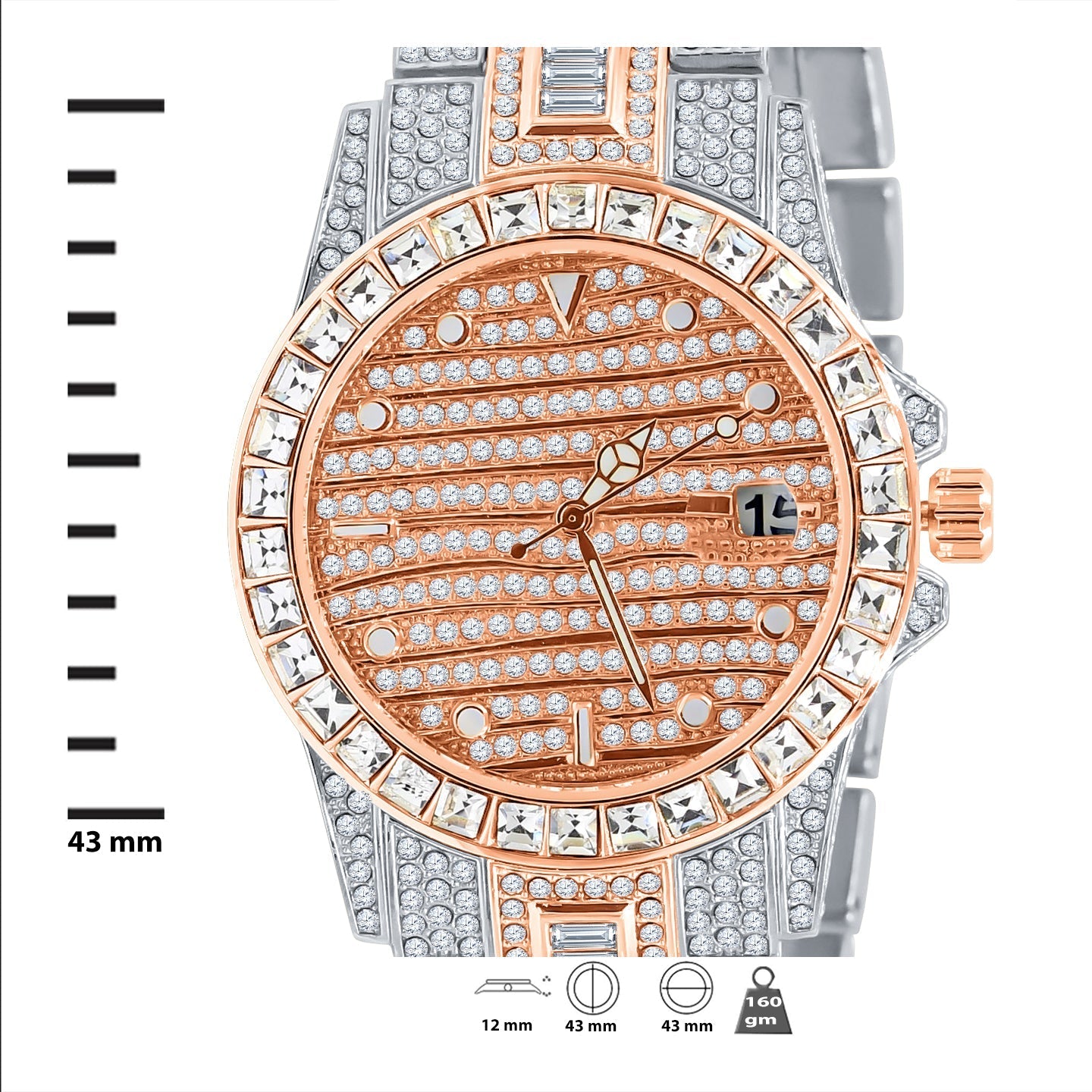 43mm CZ Iced Out Hip Hop Watch Pave Dial Bracelet Gold Tone