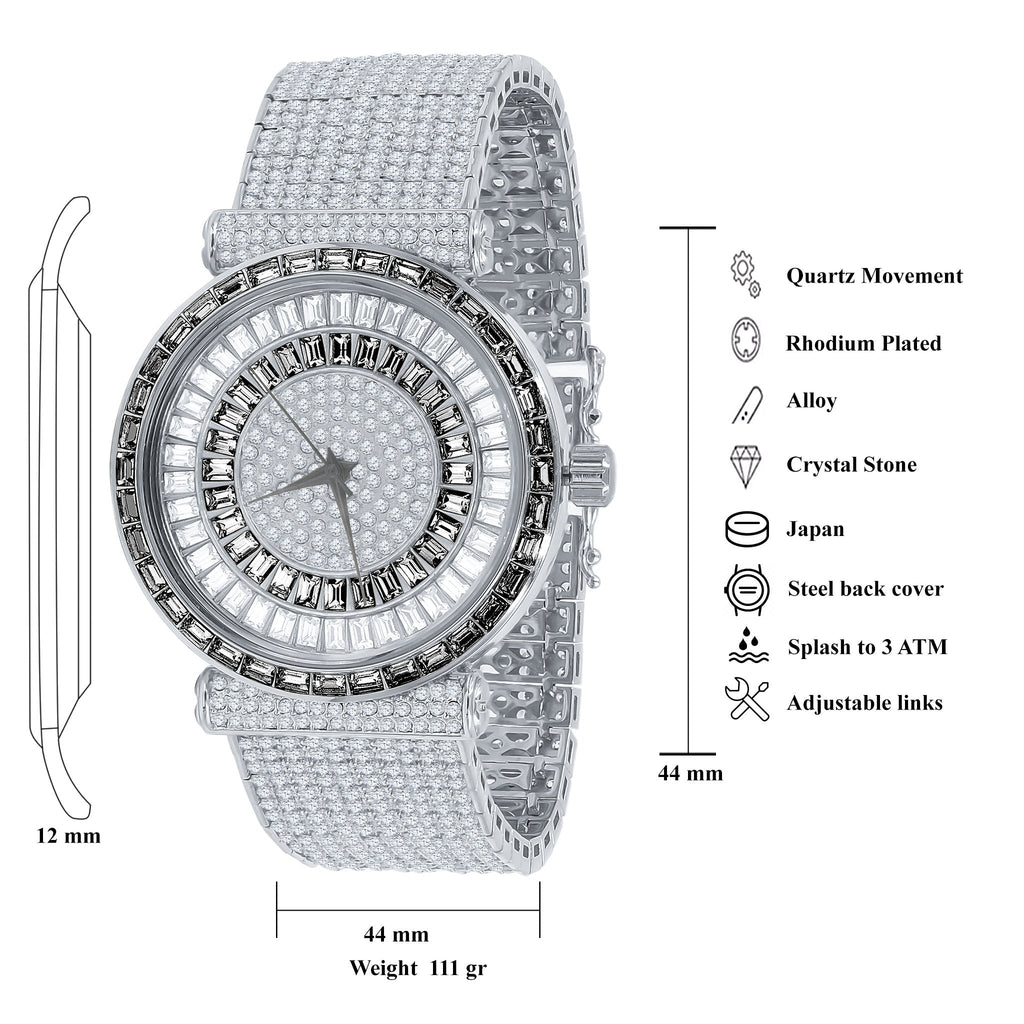 44mm CZ Iced Out Alloy Watch Baguette Pave Sparkle Style