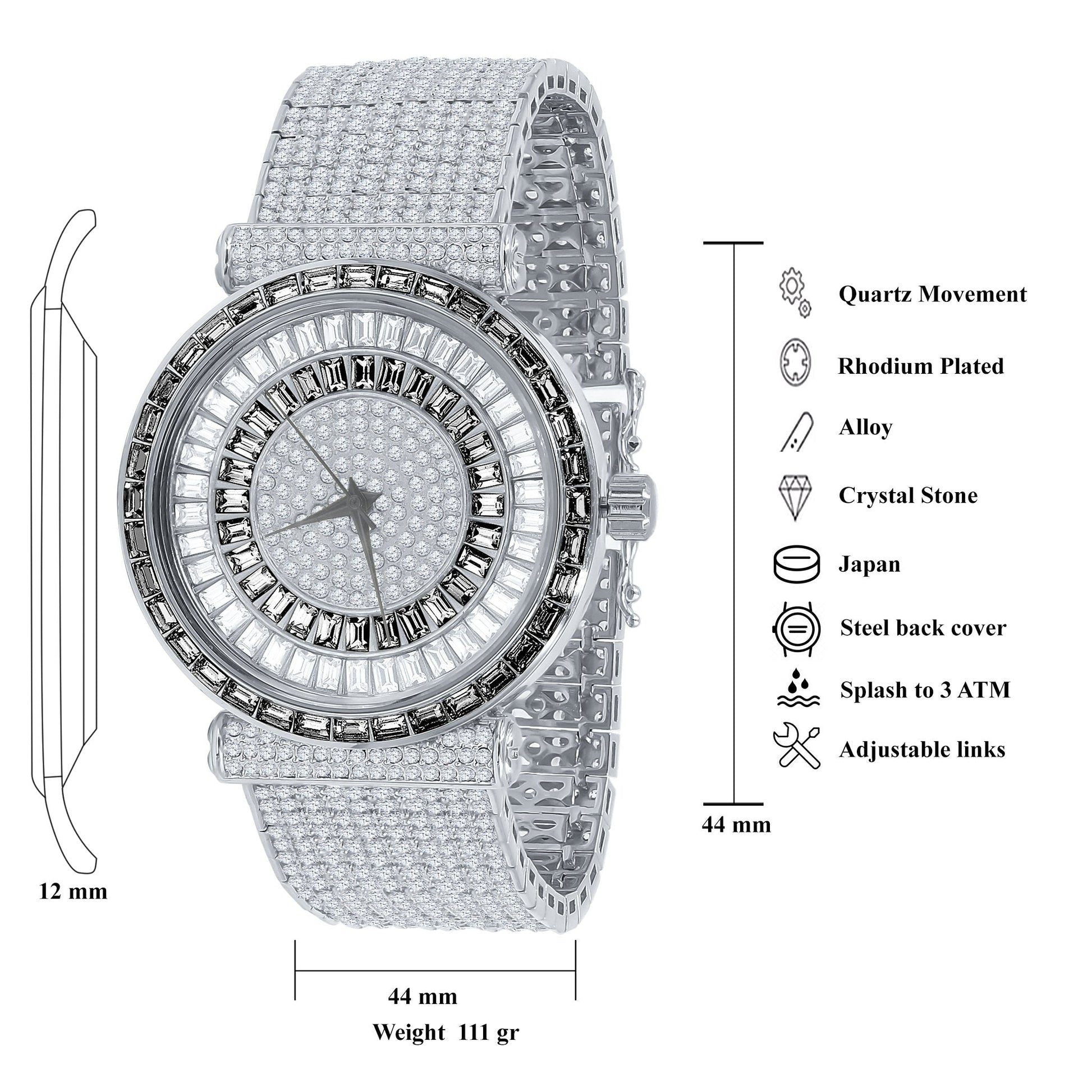 44mm CZ Iced Out Alloy Watch Baguette Pave Sparkle Style