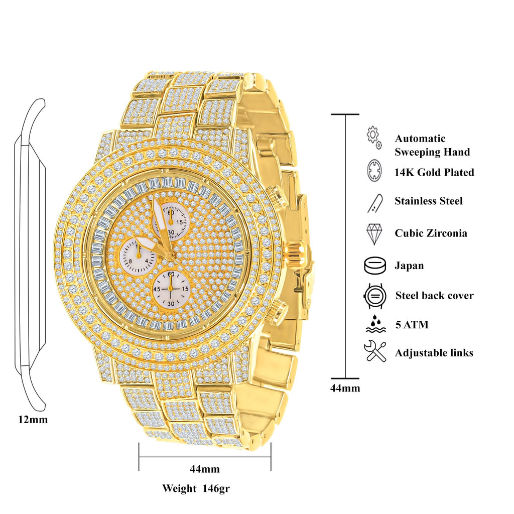 44mm Cz Iced Out Hip Hop Alloy Link Bracelet Watch Style