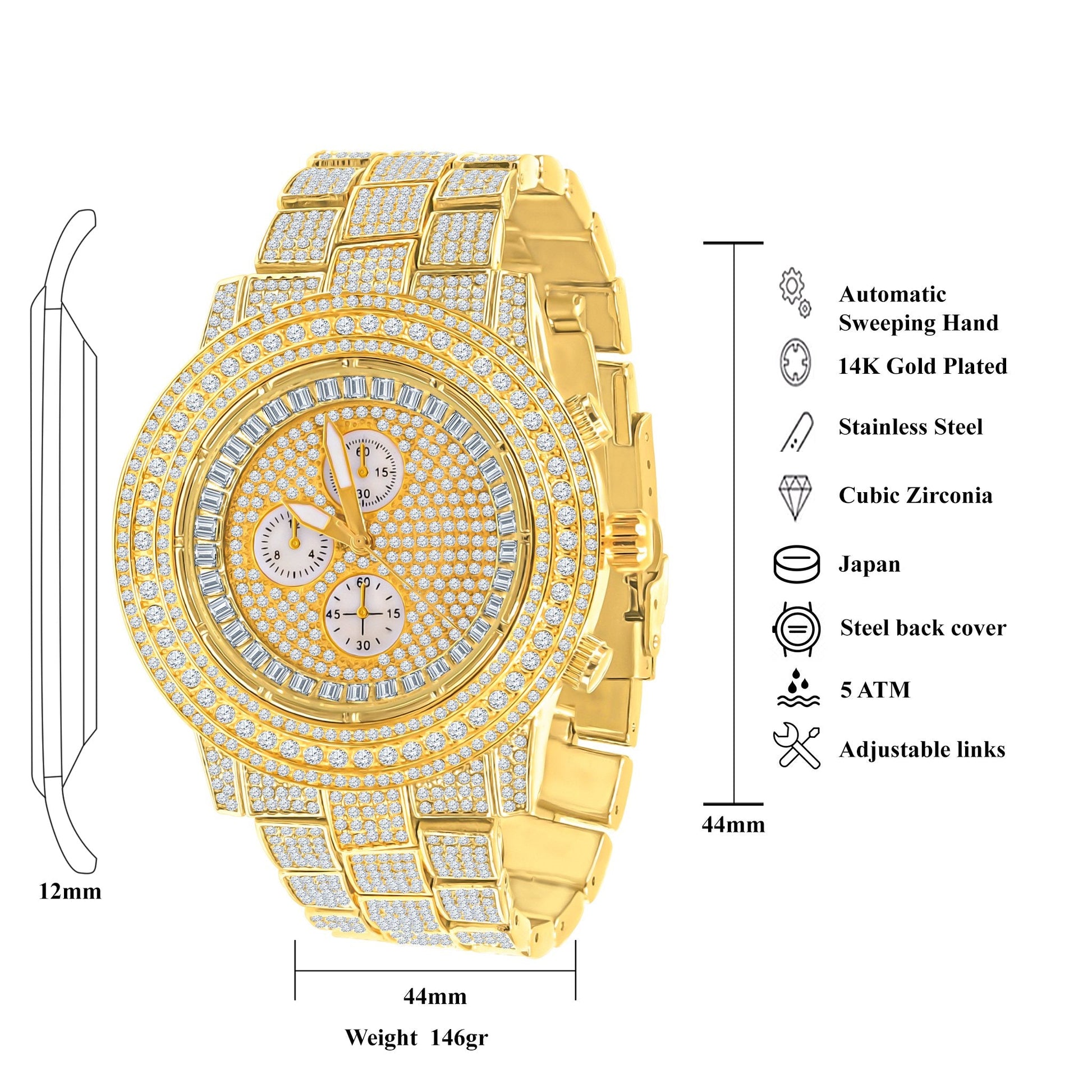 44mm Cz Iced Out Hip Hop Alloy Link Bracelet Watch Style