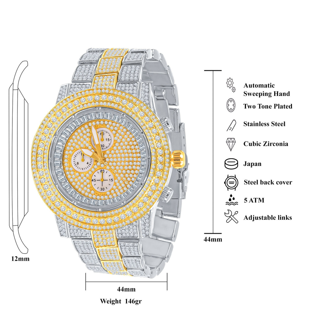 44mm CZ Iced Out Hip Hop Bling Watch Gold Silver Men