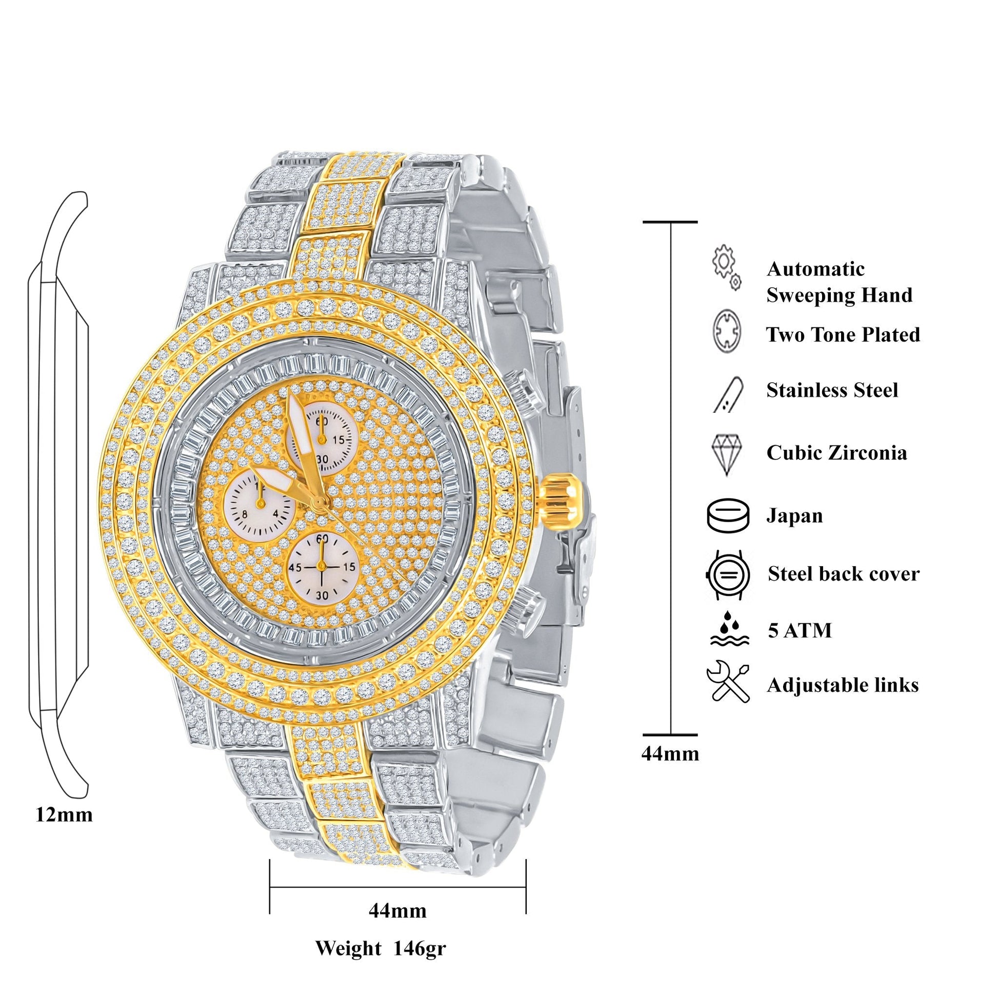44mm CZ Iced Out Hip Hop Bling Watch Gold Silver Men