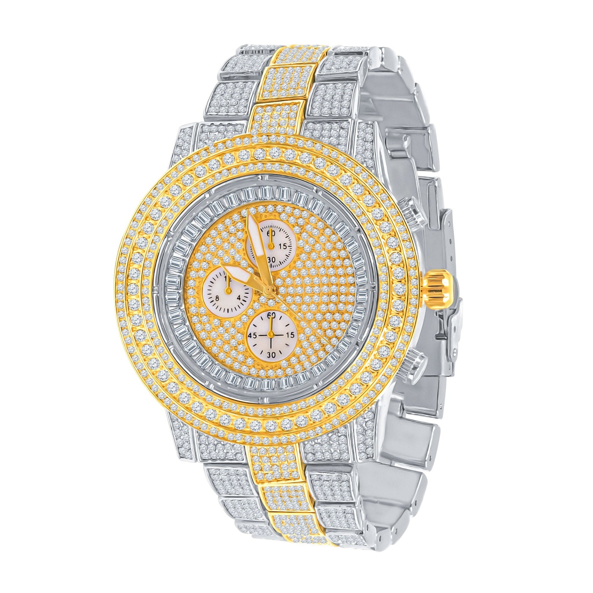 44mm CZ Iced Out Hip Hop Bling Watch Gold Silver Men