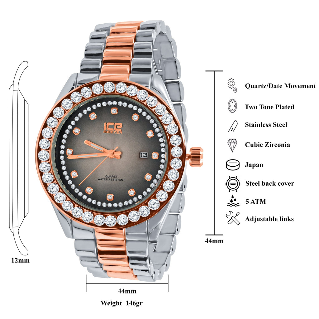 44mm CZ Iced Out Hip Hop Bling Watch Stainless Steel