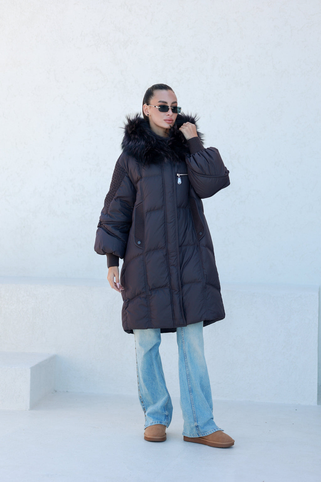 Dakota Genuine Fur Trim Down Fill Coat in Fig