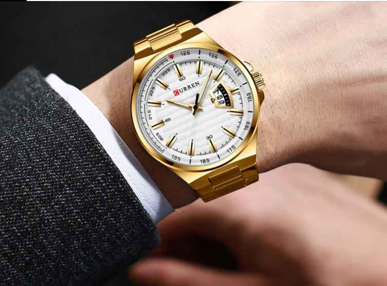 45mm Gold Alloy Mens Classic Watch White Dial Quartz