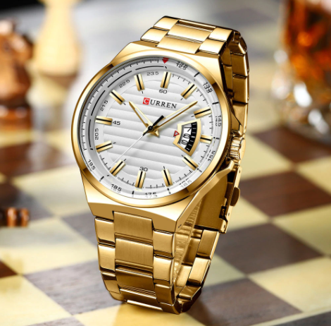 45mm Gold Alloy Mens Classic Watch White Dial Quartz